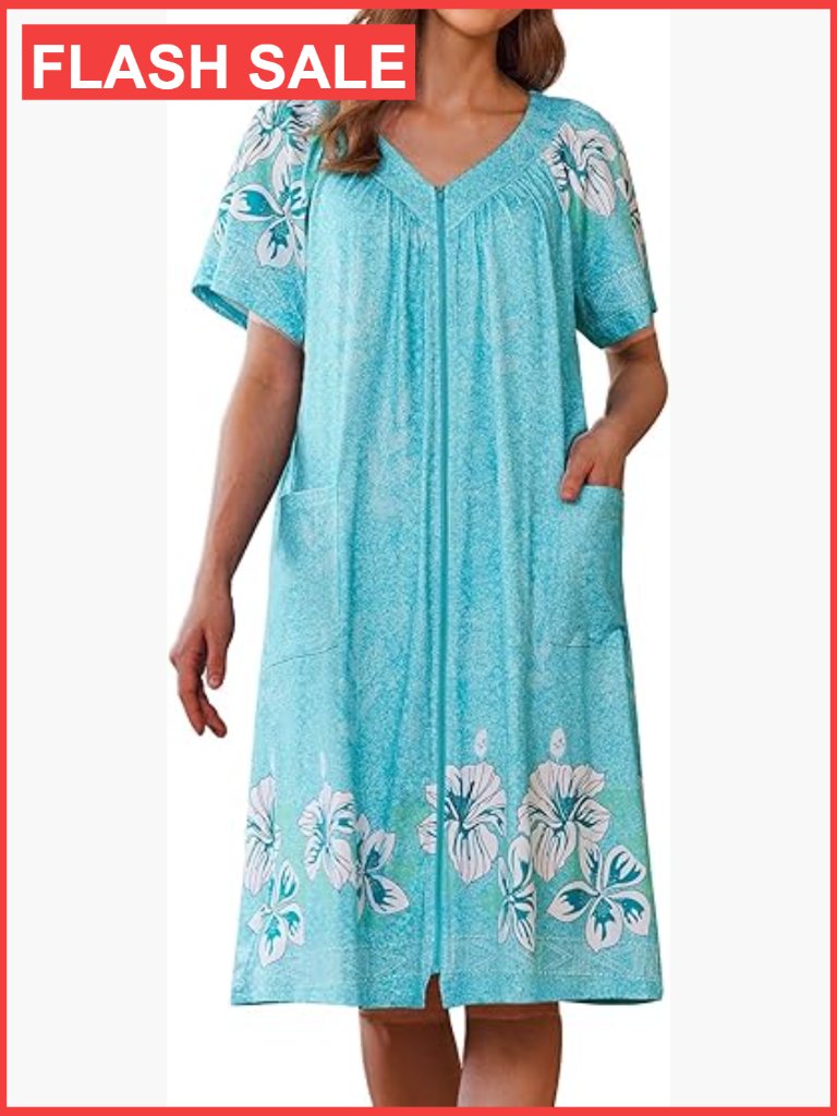 Women's Zip Front Robe Soft Lightweight Housecoat With Pockets